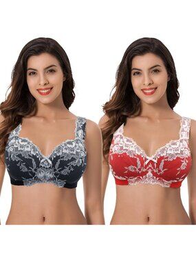 Plus Size Lace Full Coverage Wireless Minimizer Bras - 2 Pack, Comfortable Fit